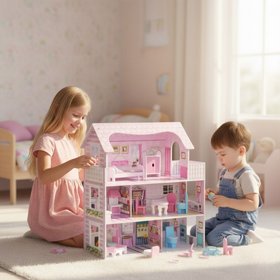 בית בובות ורוד מעץ עם 8 רהיטים, שלוש קומות של עולם דמיון וקסם BUBU בית בובות ורוד מעץ עם 8 רהיטים, שלוש קומות של עולם דמיון וקסם BUBU